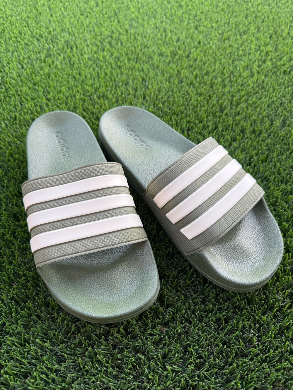 adidas Green Slide Sandals with White Stripes